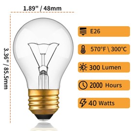 Appliance Oven Light Bulb, High Temp 300 °C Resistant,（2 Pack） A15/E26/120V/40 Watt Appliance Replacement Bulb for Refrigerator Over Stove Microwave Range Hood,Warm White