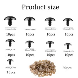 Pack of 180 10-30 mm Safety Eyes for Crochet Animals (90 Doll Eyes + 90 Washers) Black Plastic Button Eyes for Crochet Animals Plush Toy Teddy Eyes