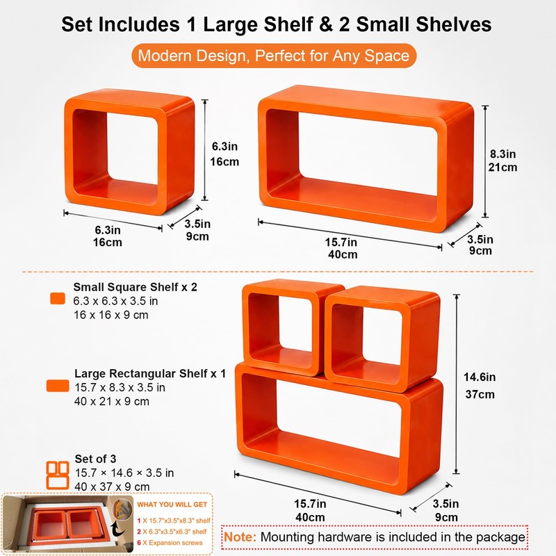 Floating Cube Wall Shelves, Set of 3,for Bedroom Living Room
