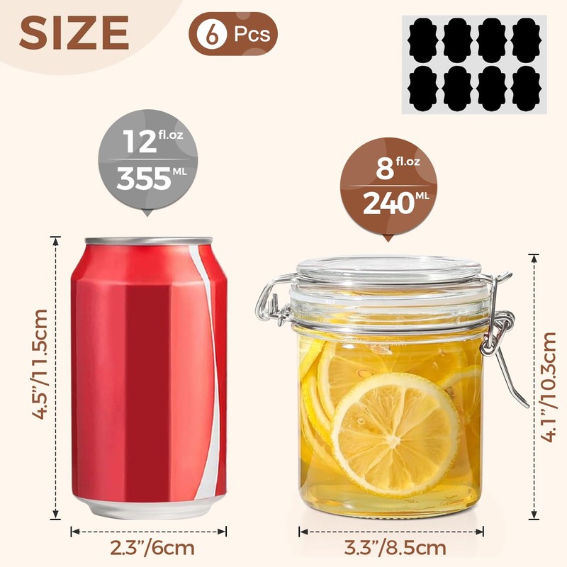 ComSaf 8oz Small Airtight Glass Jars Set of 6 with