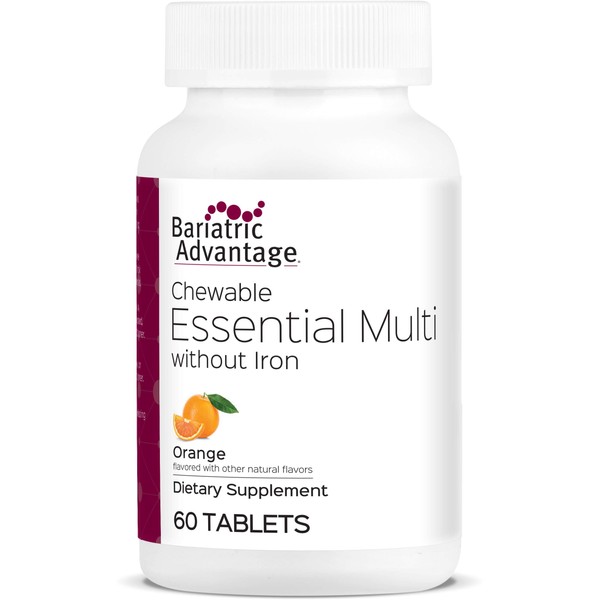 Bariatric Advantage Essential Multi without Iron, Chewable Multivitamin for Bariatric Surgery Patients, Includes Vitamin B12, C, D and Folate - Orange, 60 Count