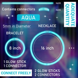 Hanaive 300 Pcs Glow Sticks Bulk 8 Inch Glow in The Dark Party Favors Neon Bracelets and Necklaces Light up Sticks with Connectors for Holiday Birthday Party Supplies(Aqua)