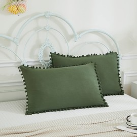 Olive Green Pom Poms Pillowcases, Green Standard Pillow Cases Set of 2, 100% Washed Microfiber, Dark Green Ball Fringe Pillow Cover, 2 Pack