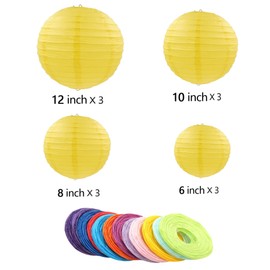 12pcs Yellow Paper Lanterns with 12pcs White LED Lights, 6" 8" 10" 12" Round Hanging Chinese/Japanese Ball Lantern for Easter Wedding Anniversary Birthday