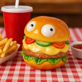 MIJOMA Burger Money Box with Ceramic Eyes - With Lock and Key, Coin Slot Top - Supplied in Burger Box, Approx. 12 x 11 cm