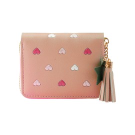 Bojueshaw Cute Embroidery Hearts Short Wallets,PU Leather Coins Pocket Purse,Credit Card Holder with Tassel Zipper for Teens Girls Women(Pink