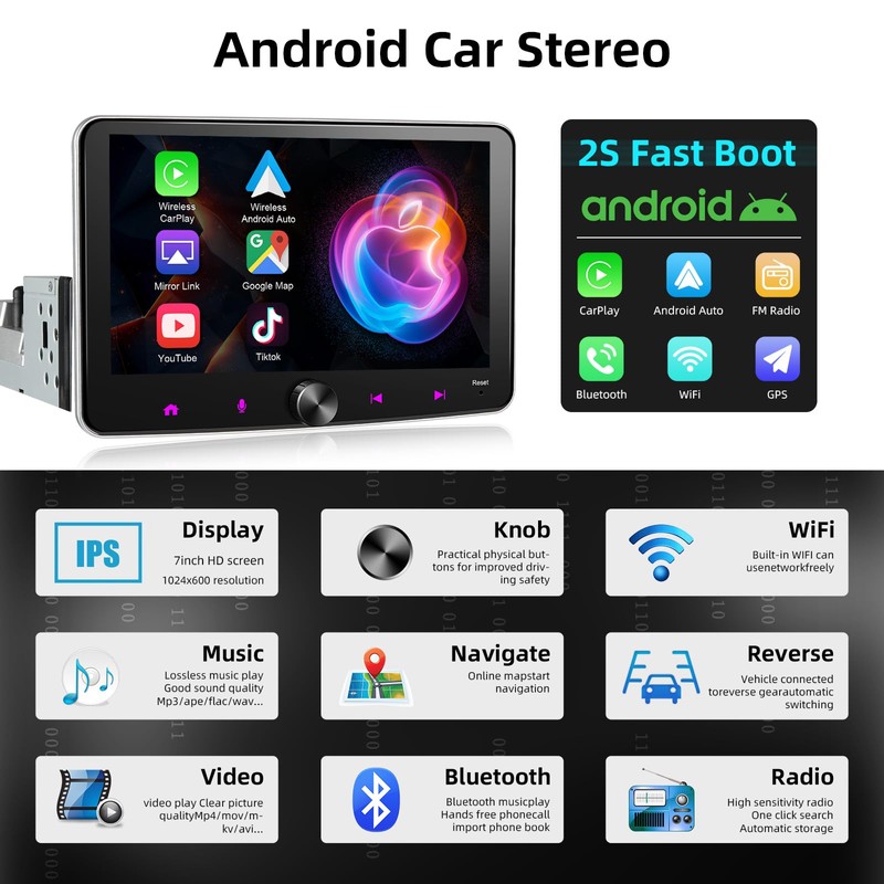 Single Din Radio Wireless Apple Carplay Android Auto,7in Touchscreen Car