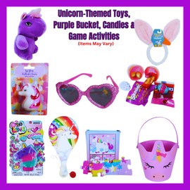 Ja'Cor Unicorn Easter Basket DIY Unicorn-Theme Plastic Bucket Filled With Assorted Activities Chocolate Candy and Easter Stuffers Gift Baskets for All Occasions Care Package (Purple)
