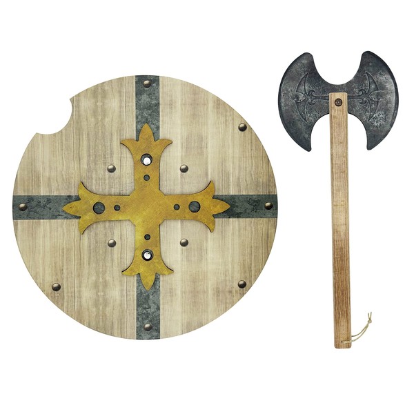 GERILEO Medieval Wooden Shield and Axe Toy - Toy for Boys and Girls - Toy for Children, Medieval Costumes, Viking, Knight, Thor, Ragnar, Knight (Grey)