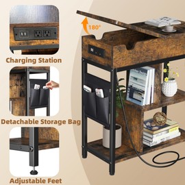 JoanKaren End Table with Charging Station, Flip Top Nightstand with USB Ports and Outlets, Narrow Side Table Bedside Table for Small Spaces Livingroom Bedroom