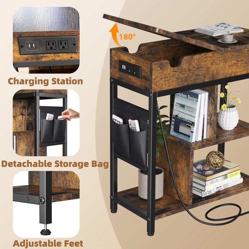 JoanKaren End Table with Charging Station, Flip Top Nightstand with