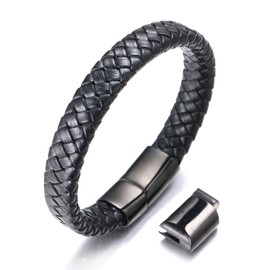 HALUKAKAH Kids ● Solo Junior ● Boy's Genuine Leather Bracelet Classic Black 6-12 Y/O. Black Titanium Magnetic Clasp Size Adjustable 7"-7.7"(18-19.5cm) with Free Giftbox