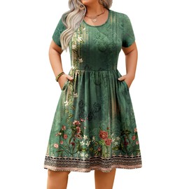 IN'VOLAND Womens Plus Size Dresses Short Sleeves Round Neck Casual Dresses Empire Waist Loose Flowy Dress with Pockets Green Floral