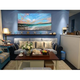 Arjun Ocean Teal Wall Art Canvas Coastal Beach Painting Blue Turquoise Landscape Sunset Picture, Panoramic Gold Foil Textured Large Artwork Framed for Living Room Bedroom Bathroom Wall Decor 48"x24"