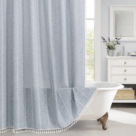 MitoVilla Boho Long Shower Curtain 72 x 78, Blue Farmhouse 78 inch Long Polyester Linen Fabric Shower Curtains with Tassel for Chic Cottagecore French Rustic Bathroom Decor