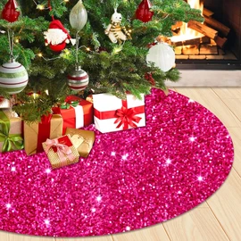 WUPIOS Hot Pink Christmas Tree Skirt Large Xmas Tree Skirt 60 Inch Sparkling Sequin Tree Mat Skirts for Xmas Tree Ornament Fuchsia Thick Velvet Tree Skirt for Winter Holiday Home Decoration Supplies