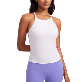 CRZ YOGA Butterluxe Womens Y Back Workout Crop Tank Top with Built in Shelf Bra - Padded Halter High Neck Yoga Camisole White Small