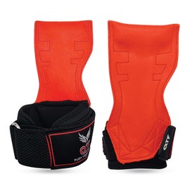 QTF Weight Lifting Grips (Pair) for Heavy Powerlifting, Wrist Straps for Deadlifts, Rows, Pull Ups, with Neoprene Padded Wrist Wraps Support and Strong Rubber Gloves or Straps for Bodybuilding (Red, L)