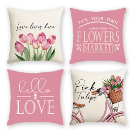 Hello Love Pink Tulips Bicycle Throw Pillow Covers, 18 x 18 Inch Flowers Spring Mother's Day Cushion Case for Sofa Couch Set of 4