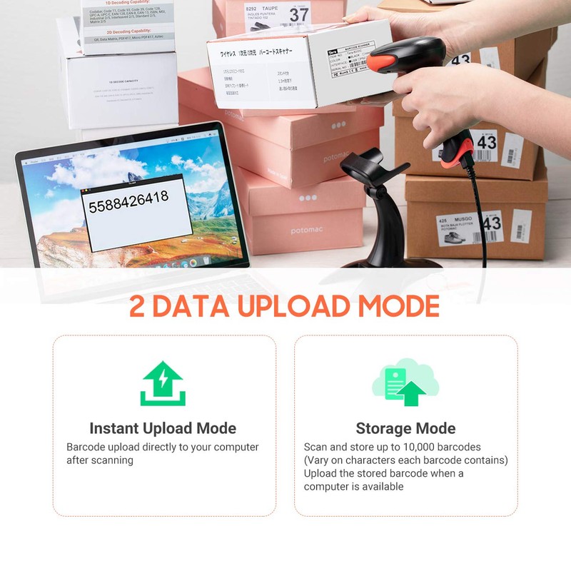 Tera Wireless 2D QR Barcode Scanner with Stand, 3 in