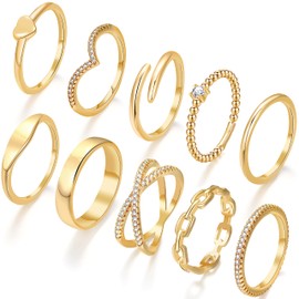 10 PCS Dainty 14K Gold Rings for Women, Open Twist Simulated Diamond Criss Cross Designs, Perfect for Stacking Layering on Thumb and Knuckle Engagement Rings in Sizes 9