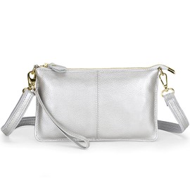 FORRICA Geldbörse Damen Handy Umhängetasche Echte Leder Handytasche Frauen Kleine Schultertasche Rindsleder Clutch Portemonnaie Silber