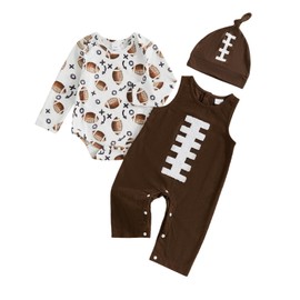 Mialoley Baby Boy Football Outfit Rugby Print Long Sleeve Romper Embroidery Overalls Pants Beanies Hat Fall Winter Clothes (Brown, 0-3 Months)