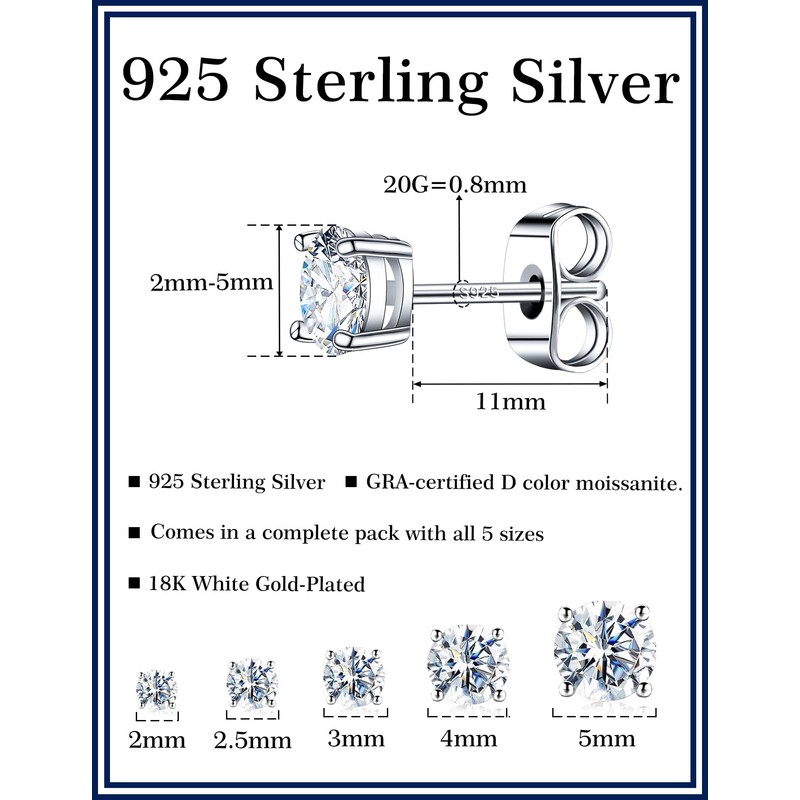 Kosuwo Moissanite Stud Earrings Set, 925 Sterling Silver, 18K White