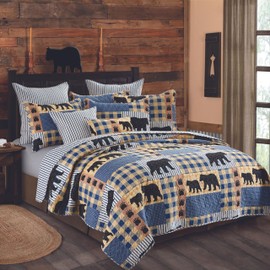 Virah Bella 2 Piece Twin Lodge Quilt Bedding Set - Black Bear Plaid - Rustic Cabin Country Reversible Camping Comforter Set with Decorative Pillow Shams, Blue/Black