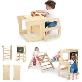 INFANS 3 Piece Kids Table and Chair Set, 8 in 1 Foldable Wooden Activity Table with Blackboard Easel, Toddler Furniture Table Step Stool for Playing Drawing Reading or Eating (Natural)