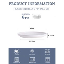 Kanwone Porcelain Dessert Salad Plates - 8 Inch - Set of 6, White, Microwave and Dishwasher Safe Plates, White Dishes, Morden Plates