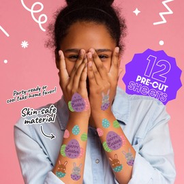 Big Dot of Happiness Spring Easter Bunny Tattoos, Happy Easter Temporary Tattoos for Kids and Adults, Colorful Eggs Party Favors (12 Sheets of 6 styles)