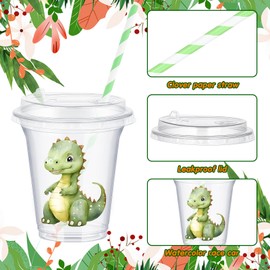 Qinyoung 60 Pcs Dinosaur Birthday Decorations Safari Animals Cups with Lids and Paper Straws 14 oz Dino Rebirth Party Cups for Dinosaur 4th Baby Shower Birthday Party Favor