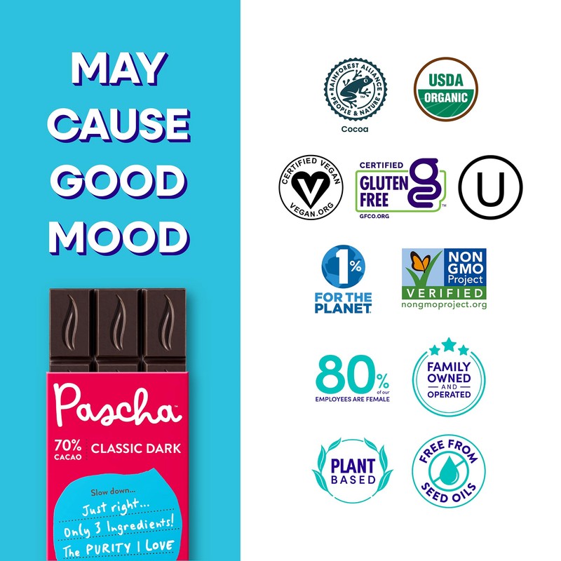 Pascha Organic Dark Chocolate Bars 70% Cacao, Gluten Free, Non