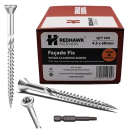Box of 200 Redhawk Fasteners® Façade Fix Wood Cladding Screw | Stainless Steel | T-20 Torx Drive | Driver Bit Included | 4.5 x 60mm