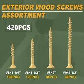 LIONMAX Wood Screws Assortment Kits 4Size 420PCS, Deck Screws 1-1/4", 1-1/2", 2", 2-1/2", Star Drive Screws with Coarse Thread, Tan Coated for Exterior Use, Self-Tapping, Drive Bit Included