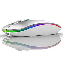 LED Wireless Mouse, Uiosmuph G12 Slim Rechargeable Wireless Silent Mouse, 2.4G Portable USB Optical Wireless Computer Mice with USB Receiver and Type C Adapter (Silver)