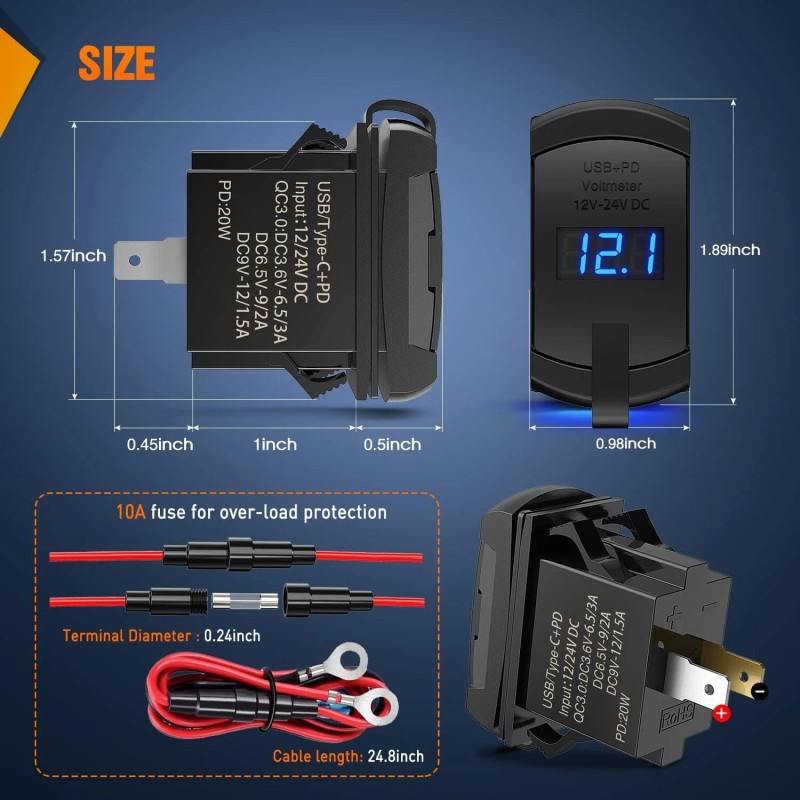 Nilight Rocker Switch Style USB Charger LED Voltmeter Quick Charge