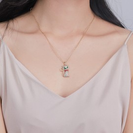 superchic Cat Necklace Pendant with Clear Cubic Zirconia, Green Eyes and Red Enamel Bow in Gold Plating. Elegant and Mysterious!