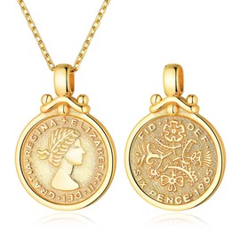 Gold Coin Pendant Necklaces,18K Gold Plated Elizabeth Ⅱ British Lucky Sixpence Coin Vintage Round Gold Medallion Necklace Jewelry for Women Mothers Day Gifts for Mom Grandma