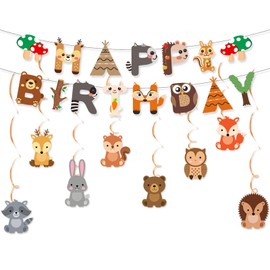 CharmeFleur Forest Animal Birthday Banner, Pack of 8 Forest Baby Shower Hanging Swirl Decorations, Forest Animal Swirl Blankets Garlands Decor and Birthday Banner