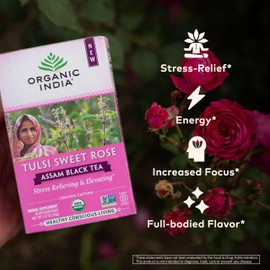 ORGANIC INDIA Organic India Tulsi Sweet Rose Assam Black Tea - Stress Relieving & Elevating, 17mg of Caffeine Per Cup, With Ayurvedic Herbs, Vegan, USDA Organic, Non-GMO - 18 Rose Tea Bags (Pack of 3)