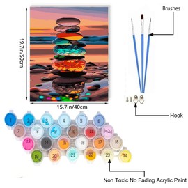 JUJUHOOD Sunset Beach Stone Paint by Numbers Beginner,Beach Scenery Paint by Number Kit for Adults, Adult Paint by Number Canvas with Paintbrushes and Acrylic Pigment16x20 inch,Sunset Beach Stone