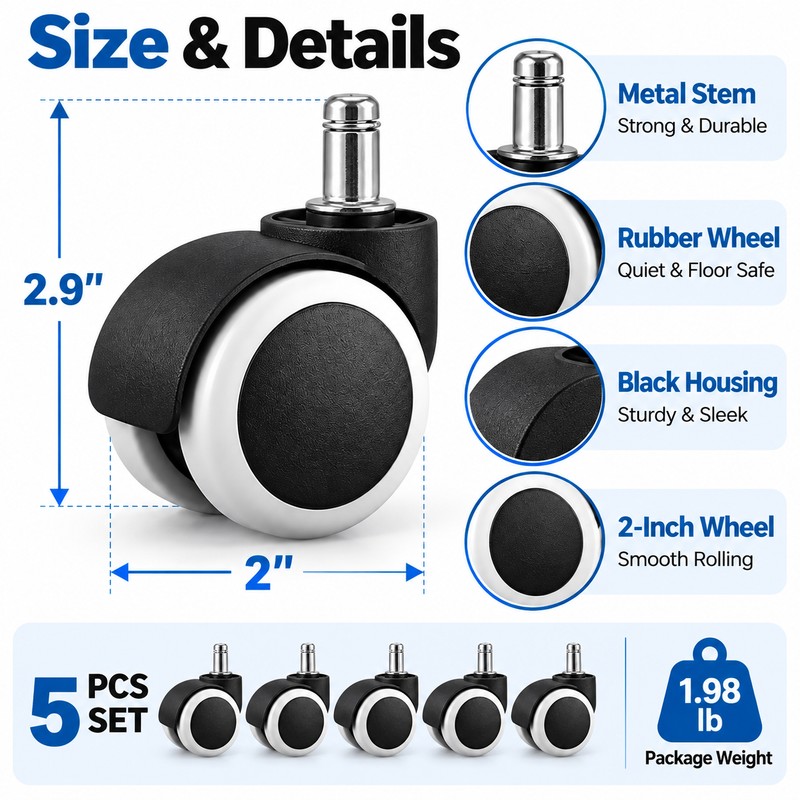 2 Inch Silent Rubber Furniture Casters – Set of 5