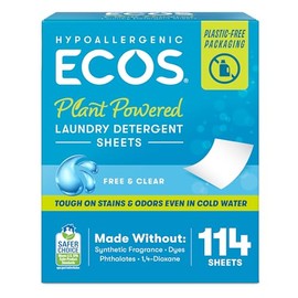 ECOS Laundry Detergent Sheets Vegan, No Plastic Jug, No Mess & Liquid Free - Hypoallergenic, Plant Powered Laundry Detergent Sheet – Free and Clear - 114 Count (Pack of 1)