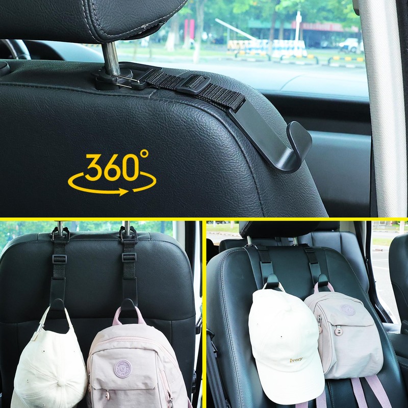 Amooca Car Headrest Hooks 4 Pack Adjustable Universal Fit Auto
