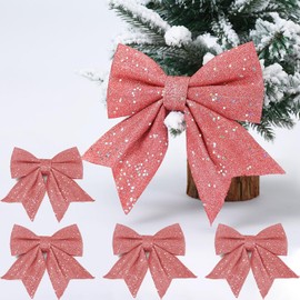 Norhogo 5PCS Christmas Decorative Bow, Glitter decorative Bow Rose Gold Pink Bows Christmas Bows for Presents Christmas Tree Fireplace Wreath Garland Party Supplies(1 large + 4 small)
