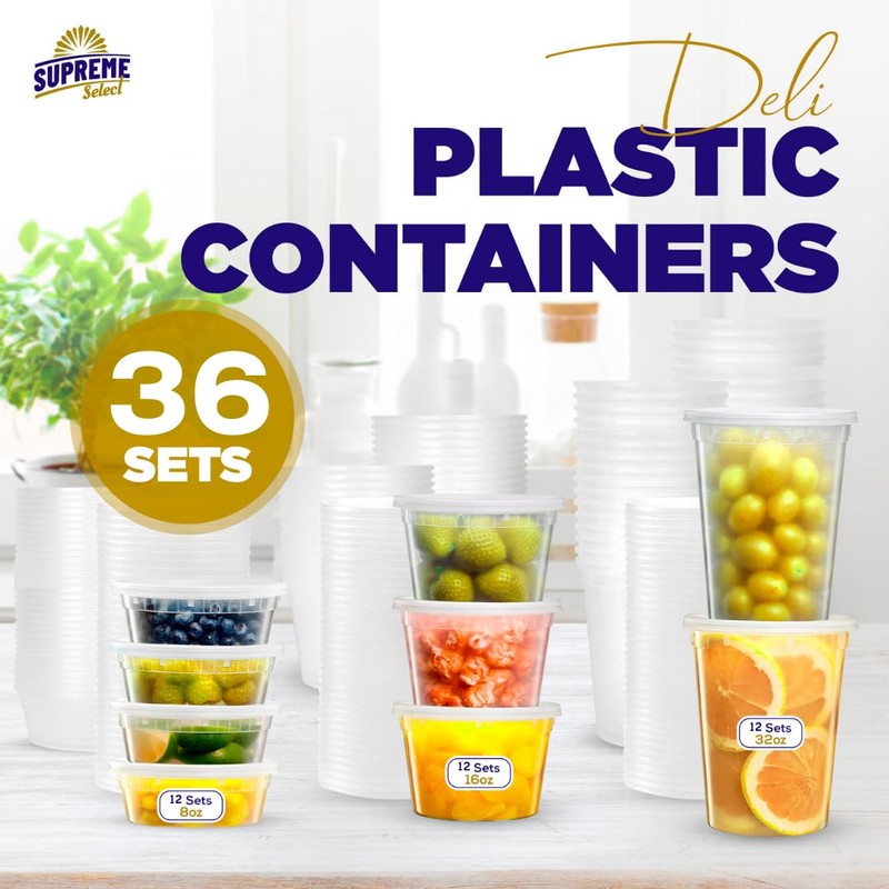Supreme Deli Plastic Storage Containers with Lids 8oz, 16oz, 32oz