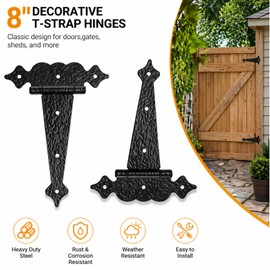 8 Inch Tee Hinges Heavy Duty, 2 Pack Black T-Strap Hinges for Wooden Fence, Decorative Gate Hinges for Outdoor Shed Door, Barn & Garden, Rustproof Steel with Mounting Screws, Hammered Finish