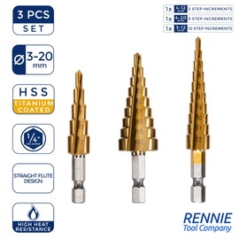 RENNIE TOOLS - 3 Piece Large HSS Step Cone Drill Set + Blue Nylon Storage Pouch / 3-12mm 4-12mm 4-20mm / Titanium (TiN) Coated Set Hole Cutter